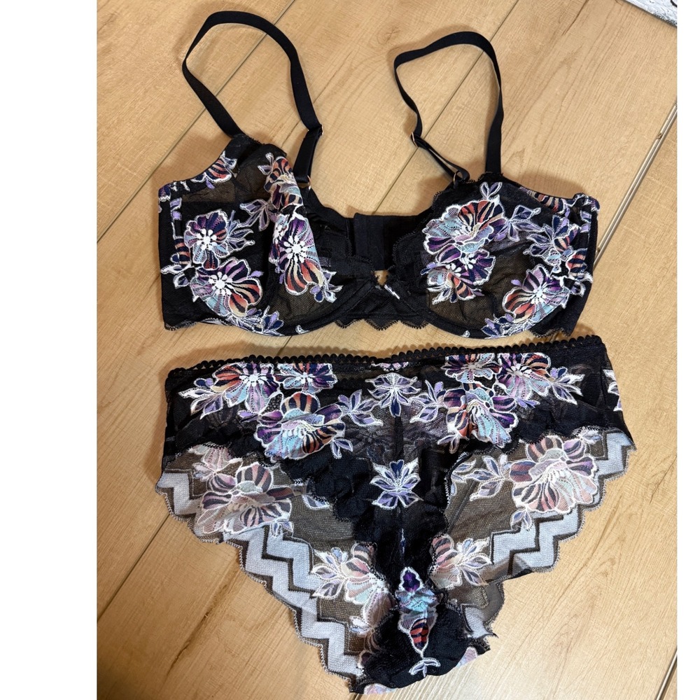 Savage X Fenty Bra Panty Set Womens‎ 36DD L Black Floral Mesh NWOT